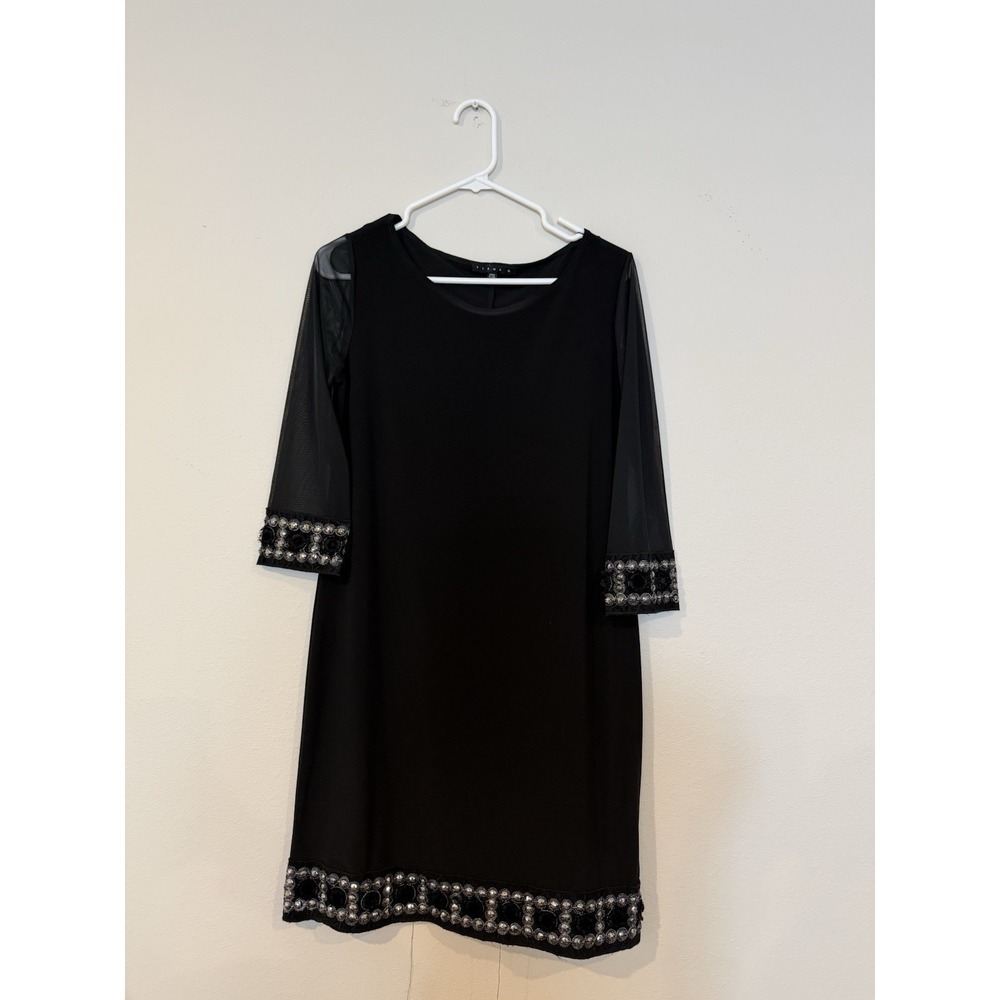 Tiana B Dress Black With Sheer Sleeves Rhinestones On Dress Hem In Size 4 Petite - Picture 2 of 7
